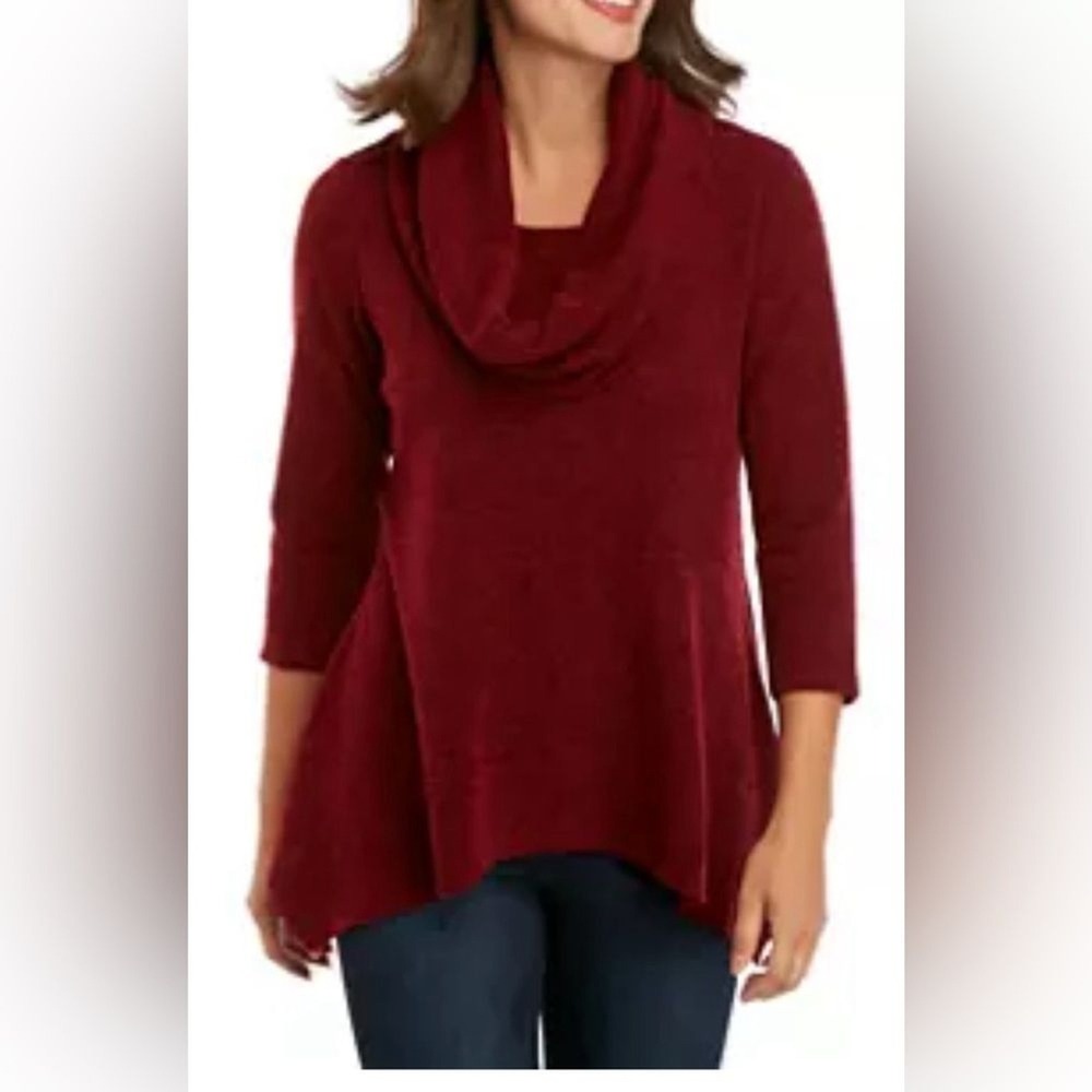 New Directions Curvy Womens 1X Burgundy Cowl Neck Sharkbite Hem Tunic Top Red